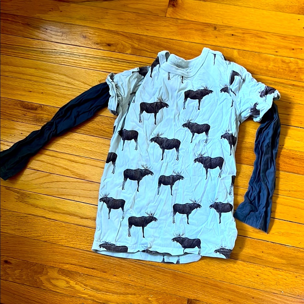 Kids Moose Print Shirt with blue sleeves.  Tea collection.